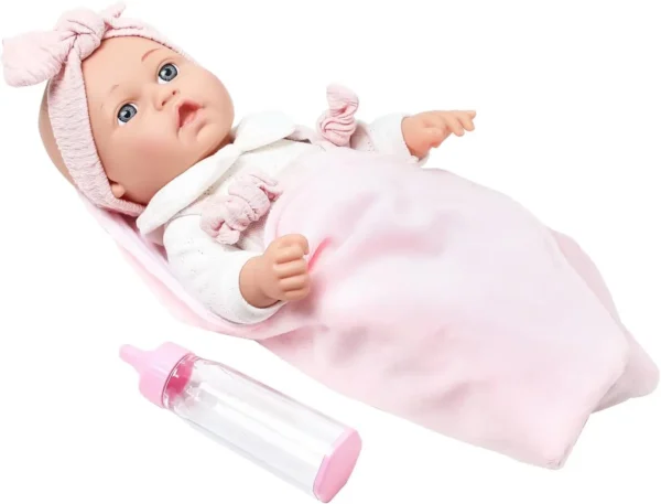 Enjoyin 12'' Baby Doll in Gift Box with Pink Cloths, Pacifier, 13''x13'' Microfabric Blanket, and Feeding Bottle.