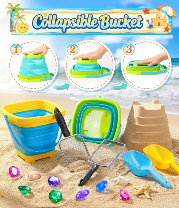 Beach Toys for Kids, 25 Pcs Metal Sand Sifter & Collapsible Beach Buckets Set, Stainless Steel Sand Shovel, Sandcastle Building