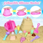 Collapsible Beach Toys Set for Kids Toddlers Girls, Collapsible Sand Bucket and Shovels Set with Mesh Bag & Sand Molds, Ice Crea