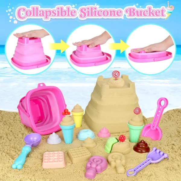 Collapsible Beach Toys Set for Kids Toddlers Girls, Collapsible Sand Bucket and Shovels Set with Mesh Bag & Sand Molds, Ice Crea