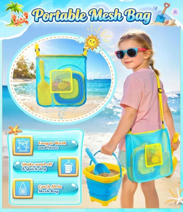 Beach Toys for Kids, 25 Pcs Metal Sand Sifter & Collapsible Beach Buckets Set, Stainless Steel Sand Shovel, Sandcastle Building