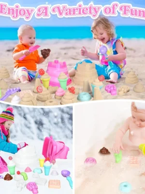 Collapsible Beach Toys Set for Kids Toddlers Girls, Collapsible Sand Bucket and Shovels Set with Mesh Bag & Sand Molds, Ice Crea