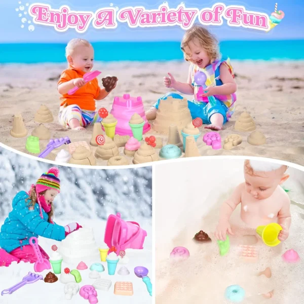 Collapsible Beach Toys Set for Kids Toddlers Girls, Collapsible Sand Bucket and Shovels Set with Mesh Bag & Sand Molds, Ice Crea