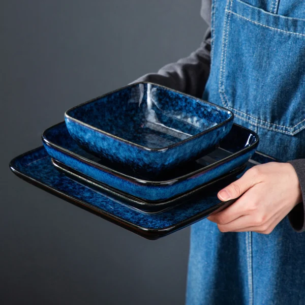 Vancasso Stern Dinner Set Blue Square Kiln Change Glaze Tableware 16 Pieces Kitchen Dinnerware Ceramic Crockery Set for 4 Person