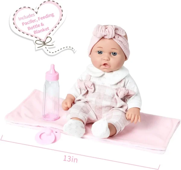 Enjoyin 12'' Baby Doll in Gift Box with Pink Cloths, Pacifier, 13''x13'' Microfabric Blanket, and Feeding Bottle.
