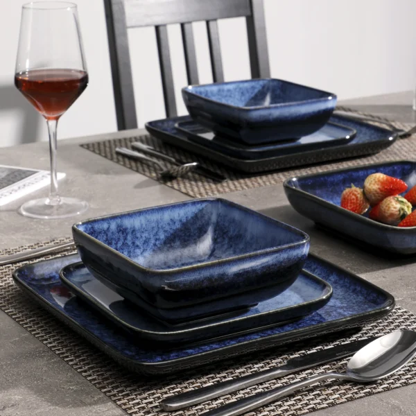 Vancasso Stern Dinner Set Blue Square Kiln Change Glaze Tableware 16 Pieces Kitchen Dinnerware Ceramic Crockery Set for 4 Person