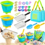 Beach Toys for Kids, 25 Pcs Metal Sand Sifter & Collapsible Beach Buckets Set, Stainless Steel Sand Shovel, Sandcastle Building