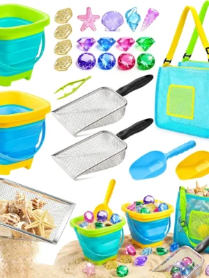 Beach Toys for Kids, 25 Pcs Metal Sand Sifter & Collapsible Beach Buckets Set, Stainless Steel Sand Shovel, Sandcastle Building