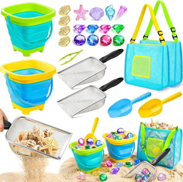 Beach Toys for Kids, 25 Pcs Metal Sand Sifter & Collapsible Beach Buckets Set, Stainless Steel Sand Shovel, Sandcastle Building