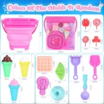 Collapsible Beach Toys Set for Kids Toddlers Girls, Collapsible Sand Bucket and Shovels Set with Mesh Bag & Sand Molds, Ice Crea