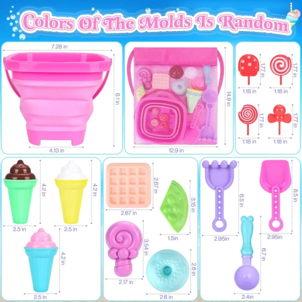 Collapsible Beach Toys Set for Kids Toddlers Girls, Collapsible Sand Bucket and Shovels Set with Mesh Bag & Sand Molds, Ice Crea