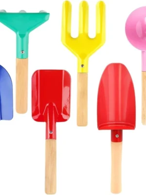 Beach Toys for Kids, 6Pcs 8'' Kids Gardening Tools Sand Toys Set, Metal Garden Tools with Sturdy Wooden Handle, Cylinder, Spoon,