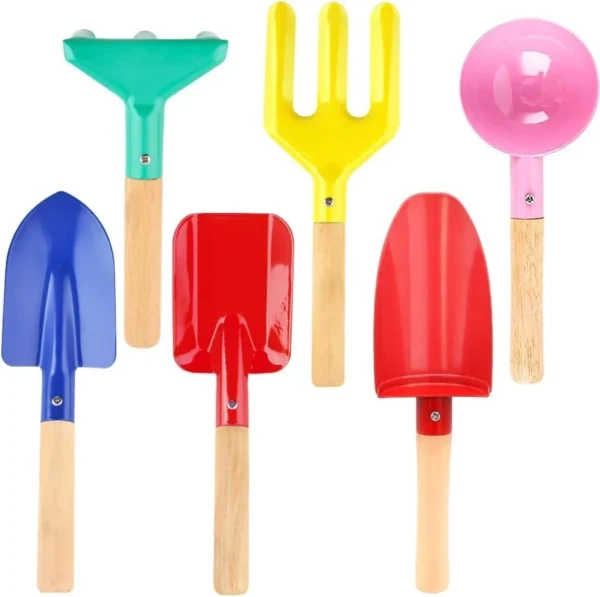 Beach Toys for Kids, 6Pcs 8'' Kids Gardening Tools Sand Toys Set, Metal Garden Tools with Sturdy Wooden Handle, Cylinder, Spoon,