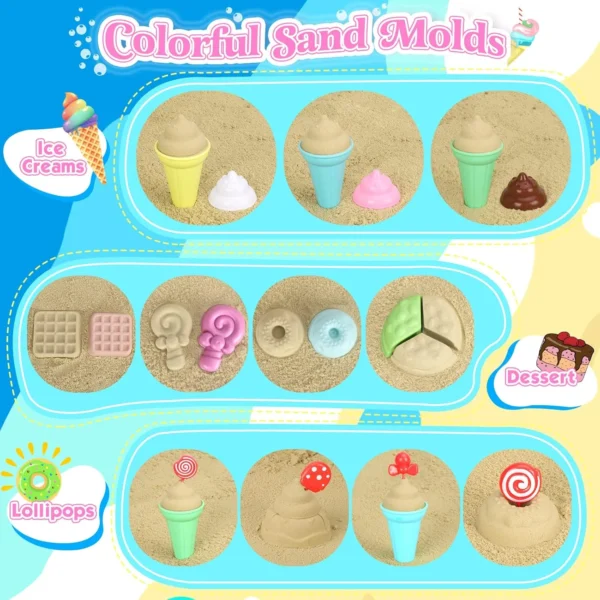 Collapsible Beach Toys Set for Kids Toddlers Girls, Collapsible Sand Bucket and Shovels Set with Mesh Bag & Sand Molds, Ice Crea