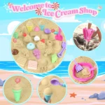 Collapsible Beach Toys Set for Kids Toddlers Girls, Collapsible Sand Bucket and Shovels Set with Mesh Bag & Sand Molds, Ice Crea