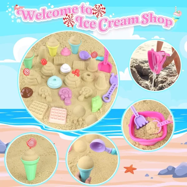 Collapsible Beach Toys Set for Kids Toddlers Girls, Collapsible Sand Bucket and Shovels Set with Mesh Bag & Sand Molds, Ice Crea