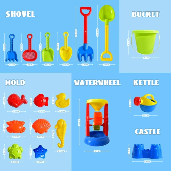 Beach Toys, 19 Piece Sand Toys Set Kids Sandbox Toys Includes Water Wheel Beach Tool Kit Bucket Watering Can Molds with Mesh Bag