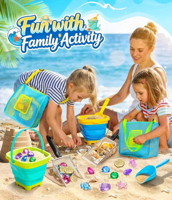 Beach Toys for Kids, 25 Pcs Metal Sand Sifter & Collapsible Beach Buckets Set, Stainless Steel Sand Shovel, Sandcastle Building