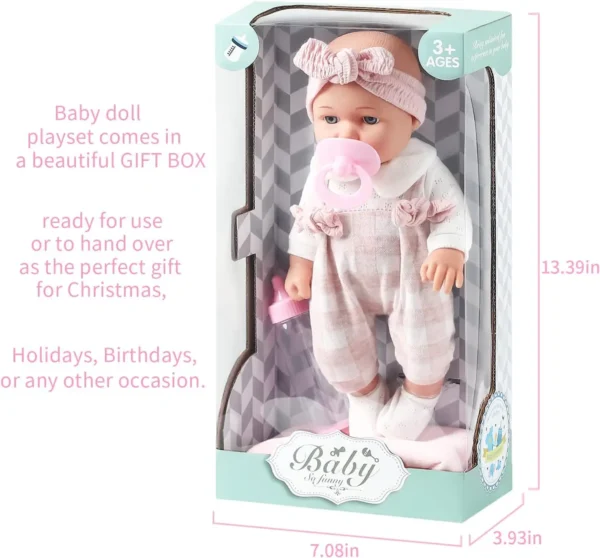 Enjoyin 12'' Baby Doll in Gift Box with Pink Cloths, Pacifier, 13''x13'' Microfabric Blanket, and Feeding Bottle.