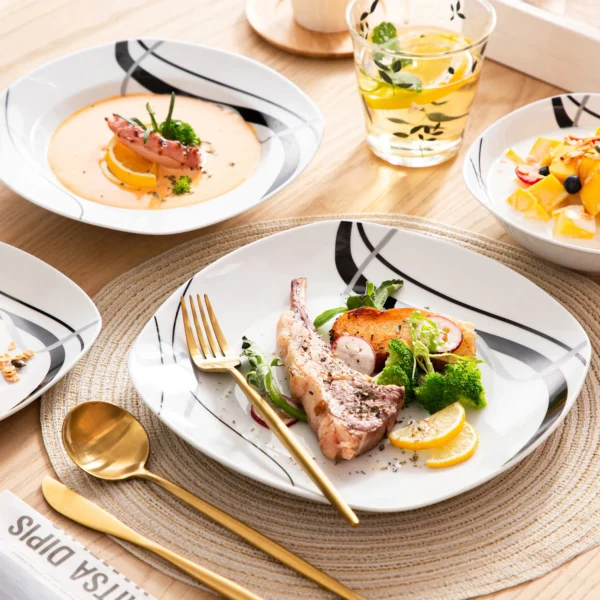 VEWEET FIONA 24-Piece Ceramic Black Plate Combi-Set Porcelain Tableware Set of Bowls/Dessert Plates/Soup Plates/Dinner Plates