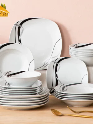 VEWEET FIONA 24-Piece Ceramic Black Plate Combi-Set Porcelain Tableware Set of Bowls/Dessert Plates/Soup Plates/Dinner Plates