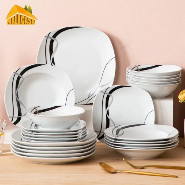 VEWEET FIONA 24-Piece Ceramic Black Plate Combi-Set Porcelain Tableware Set of Bowls/Dessert Plates/Soup Plates/Dinner Plates
