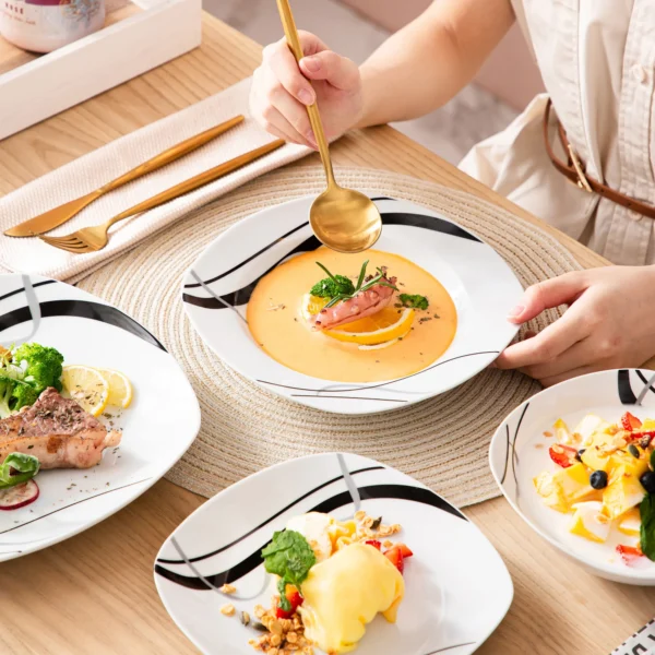 VEWEET FIONA 24-Piece Ceramic Black Plate Combi-Set Porcelain Tableware Set of Bowls/Dessert Plates/Soup Plates/Dinner Plates