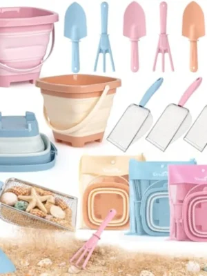 Beach Sand Toys Mesh Shovel Set for 3 Pack Collapsible Sand Buckets and Filter Sand Scooper with Mesh Bag for Shell Collecting