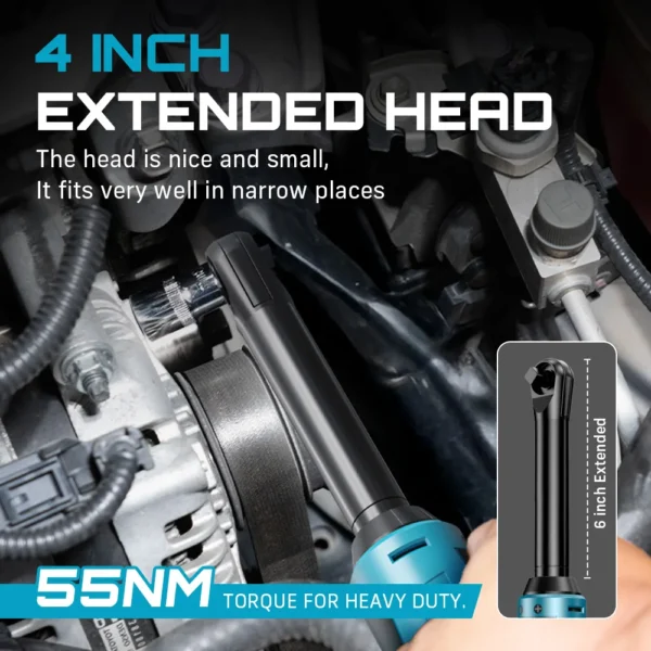 SEESII 3/8"Cordless Electric Wrench 55Nm 6" Extended Ratchet Wrench 12V Rechargeable Angle Wrench Car Repair Tools w/2 Batteries