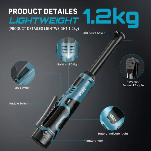 SEESII 3/8"Cordless Electric Wrench 55Nm 6" Extended Ratchet Wrench 12V Rechargeable Angle Wrench Car Repair Tools w/2 Batteries