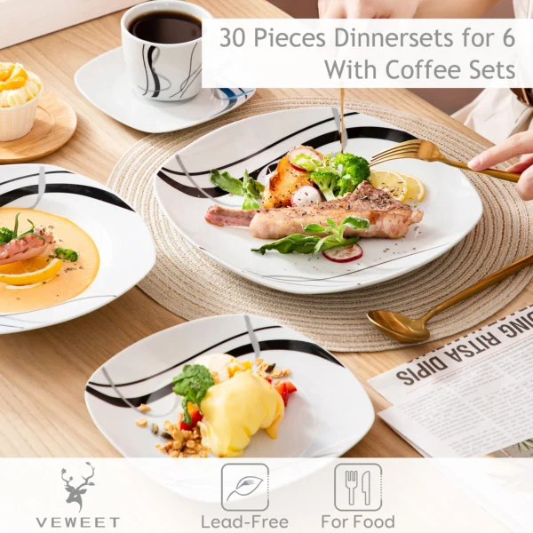 VEWEET FIONA 30/60 Piece Black Lines Porcelain Ceramic Tableware Set with Dessert Plates/Soup Plates/Dinner Plates/Cups/Saucers