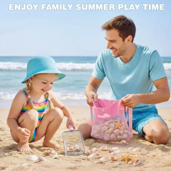 Beach Sand Toys Mesh Shovel Set for 3 Pack Collapsible Sand Buckets and Filter Sand Scooper with Mesh Bag for Shell Collecting