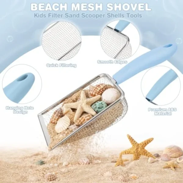 Beach Sand Toys Mesh Shovel Set for 3 Pack Collapsible Sand Buckets and Filter Sand Scooper with Mesh Bag for Shell Collecting