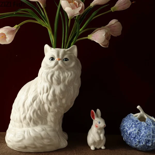 Cute White Cat Ceramic Vase Desk Decoration Flowers Arrangement Artificial Flower Decorative Floral Vases Room Aesthetic Decor
