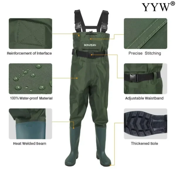 Waterproof Fishing Waders Pants Chest-Length Wader With Boots Durable Breathable Overalls Kit for Men Women Outdoor Raft Hunting
