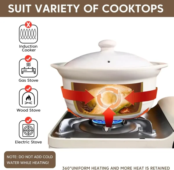 White Ceramic Casserole Pot with Lid 3.4 Quart Clay Cookware Stockpot for Soup Rice Stew