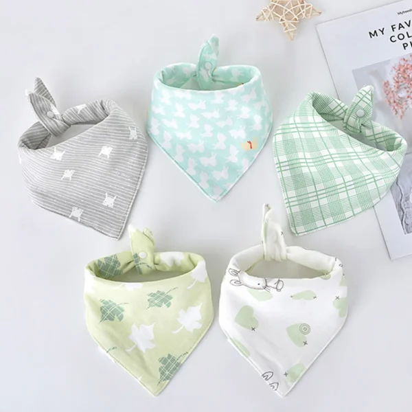 5 pieces/set Baby Triangle Bib Double-layer Cotton Scarf Cartoon Print Drool Towel Feeding Apron Cotton Triangle Bib