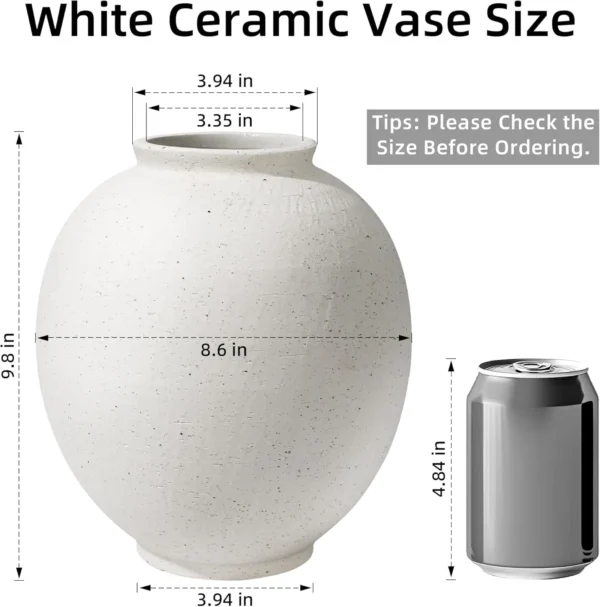 Large White Ceramic Vase, Rustic Farmhouse Decor, 9.8 Inch Tall for Home and Table