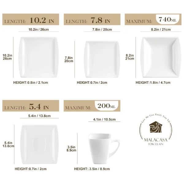 MALACASA Blance 30/60PCS White Porcelain Dinner Set WIth 6*Cups,Saucers,Dinner Soup Dessert Plates Ceramic Set for 6/12 Person