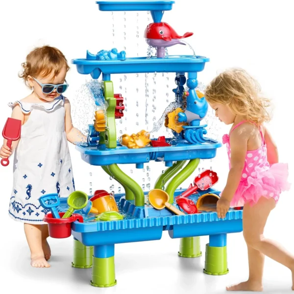 4-Tier Sand and Water Table for Kids, Outdoor Splash and Play Activity Set for Boys and Girls Ages 3 4 5 6 7 8 Years, Summer Bea
