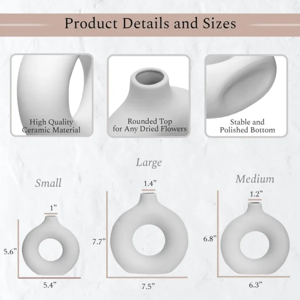 Set of 3 White Ceramic Vases with 65 PCS Dried Pampas Grass, Boho Modern Decor for Home Office