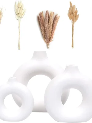 Set of 3 White Ceramic Vases with 65 PCS Dried Pampas Grass, Boho Modern Decor for Home Office