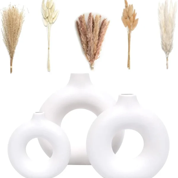 Set of 3 White Ceramic Vases with 65 PCS Dried Pampas Grass, Boho Modern Decor for Home Office