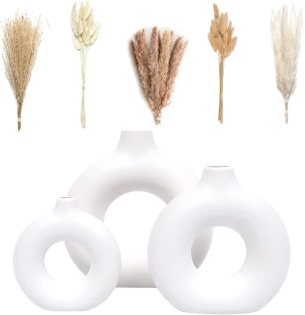Set of 3 White Ceramic Vases with 65 PCS Dried Pampas Grass, Boho Modern Decor for Home Office