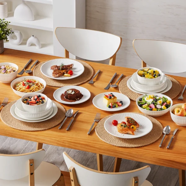 MALACASA LEILA 12/16/24/32 Ceramic Plate Sets White Porcelain Dinnerware Set with 4/6 PCS Dinner Plate/Dessert/Cereal Bowl/Soup