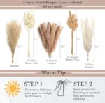 Set of 3 White Ceramic Vases with 65 PCS Dried Pampas Grass, Boho Modern Decor for Home Office