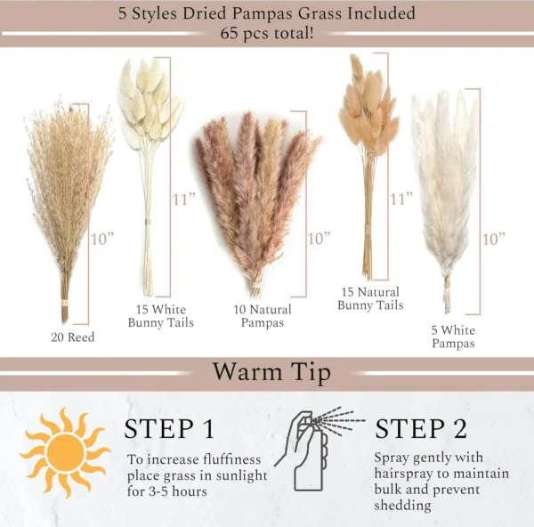 Set of 3 White Ceramic Vases with 65 PCS Dried Pampas Grass, Boho Modern Decor for Home Office