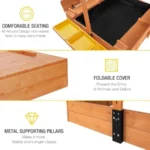 Wooden Sand Box with Lid and 3 Detachable Toy Bins Adjustable Canopy 4 Built-in Bench Seats Leak-Proof Non-Woven Liner Foldable