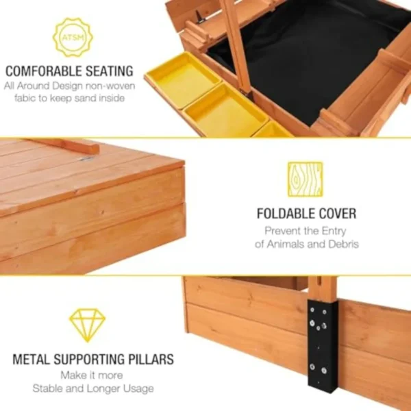 Wooden Sand Box with Lid and 3 Detachable Toy Bins Adjustable Canopy 4 Built-in Bench Seats Leak-Proof Non-Woven Liner Foldable