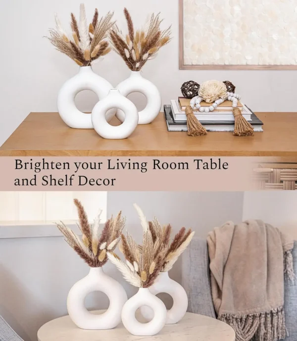 Set of 3 White Ceramic Vases with 65 PCS Dried Pampas Grass, Boho Modern Decor for Home Office